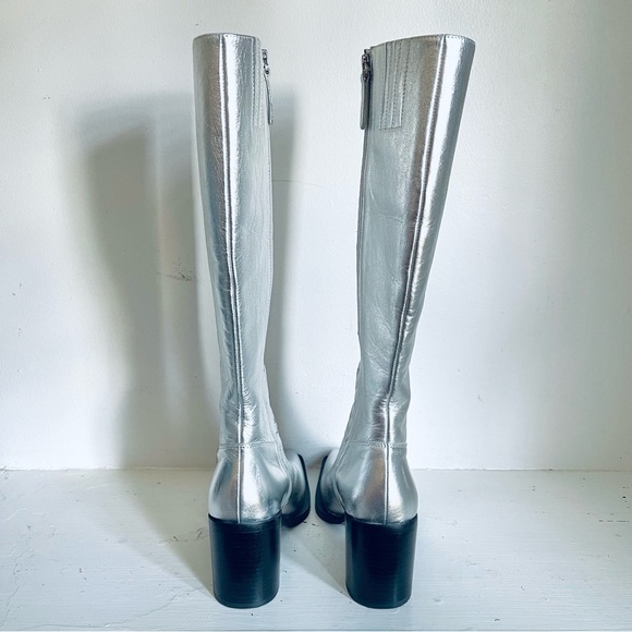 Anthropologie Caverley Oscar Metallic Silver Leather Slim Calf Tall Boot Size 39 - Picture 4 of 16